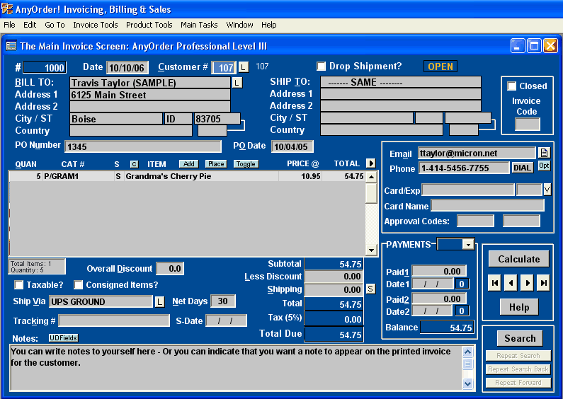 Main Invoice Screen