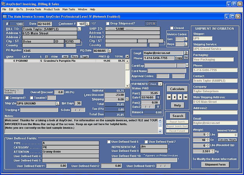 Expanded Main Invoice Screen