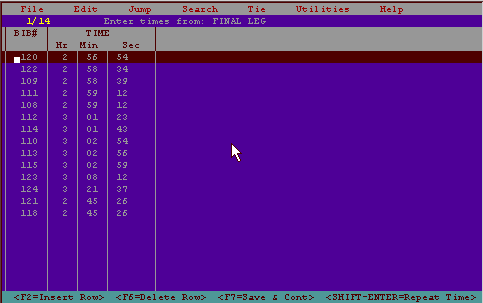 RaceAid Sample Screen Display: Time Entry Mode