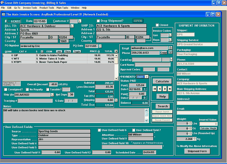 Main Invoice Screen