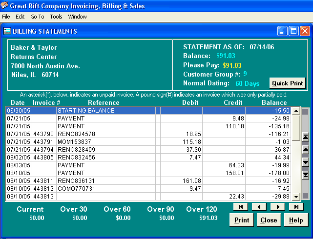 Billing Statements Screen